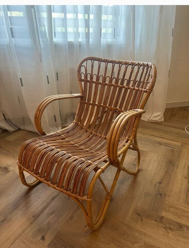 Vintage rotan fauteuil – retro / boho rotan stoel, Huis en Inrichting, Ophalen, Bruin, Vintage, Riet of Rotan