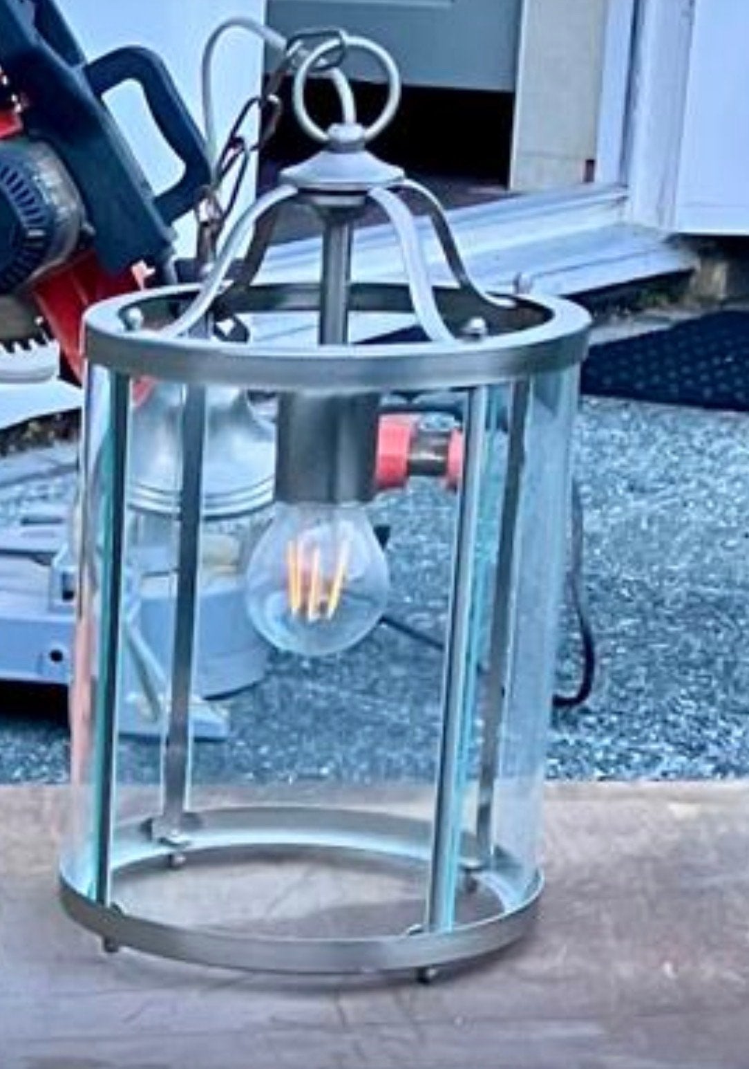 hanglamp met glazen cilinder en metalen frame, Huis en Inrichting, Lampen | Hanglampen, Ophalen, Gebruikt, Glas, E27 (groot)