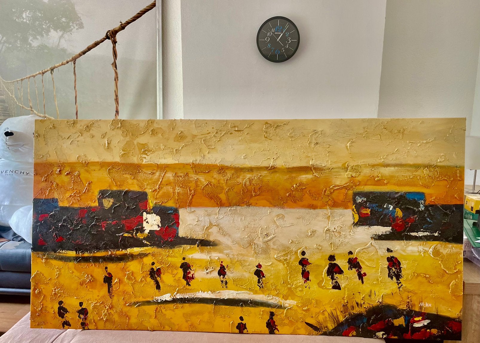 Abstract Schilderij: Afrikaanse Scène met Figuren, Antiek en Kunst, Ophalen