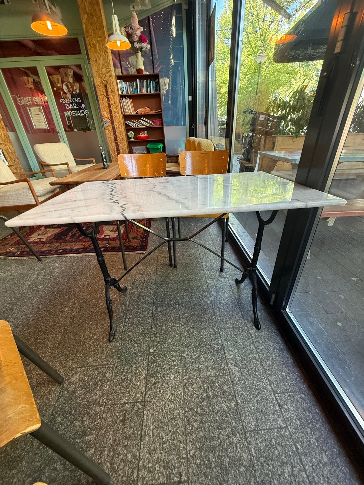 Bistro tafel marmer, gietijzeren poot - 100 x 60 x 73 cm, Ophalen, Gebruikt, 100 tot 150 cm, 50 tot 100 cm