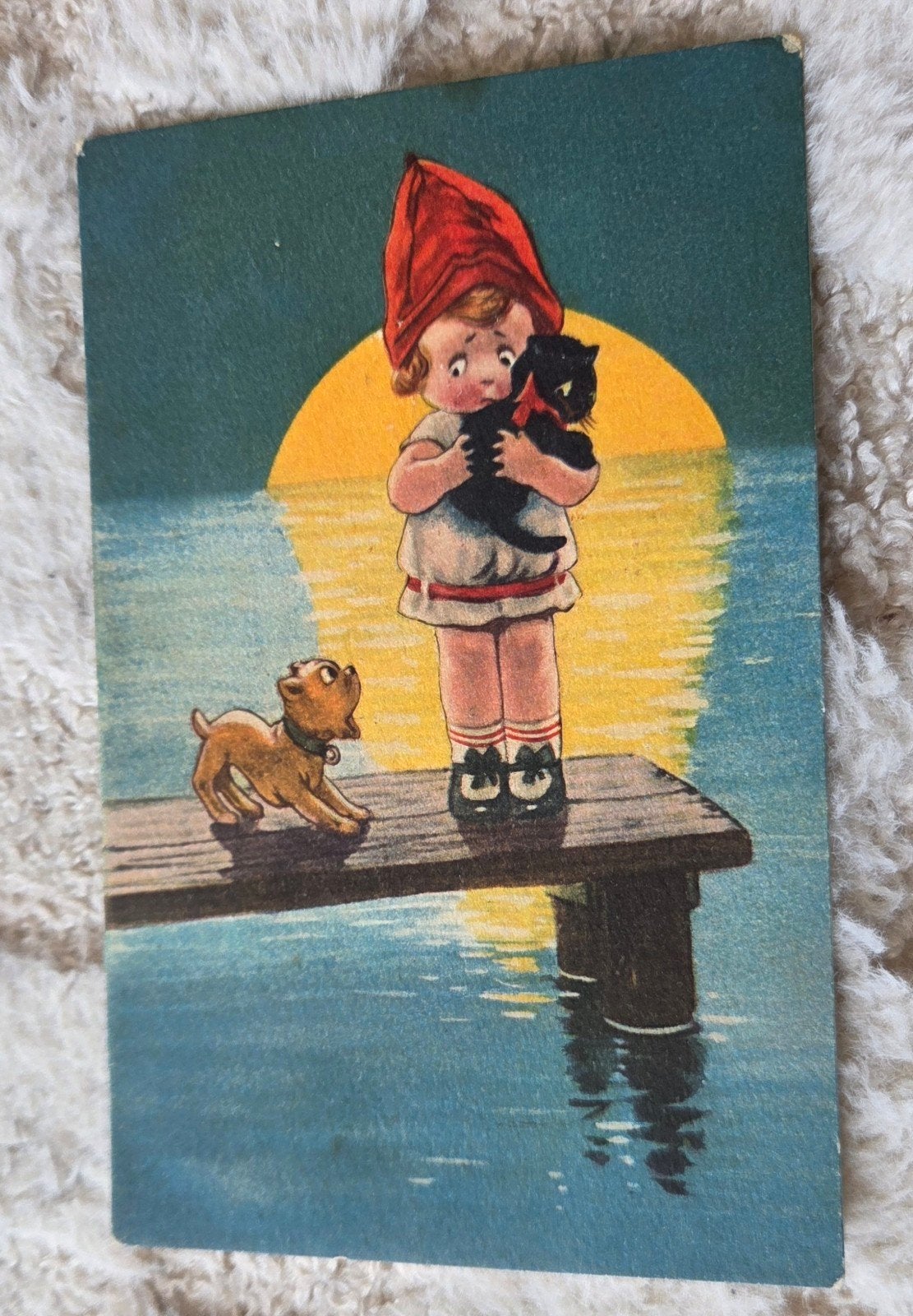 Meisje met kat en hond aan de steiger, Verzenden, Voor 1920, Gelopen, Kinderen