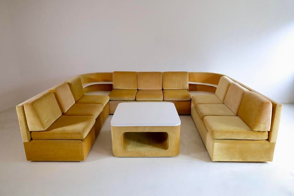 Modulaire bank u-vorm 8-delig velour geel space age vintage, Ophalen, Design, Tijdperk, Zo goed als nieuw