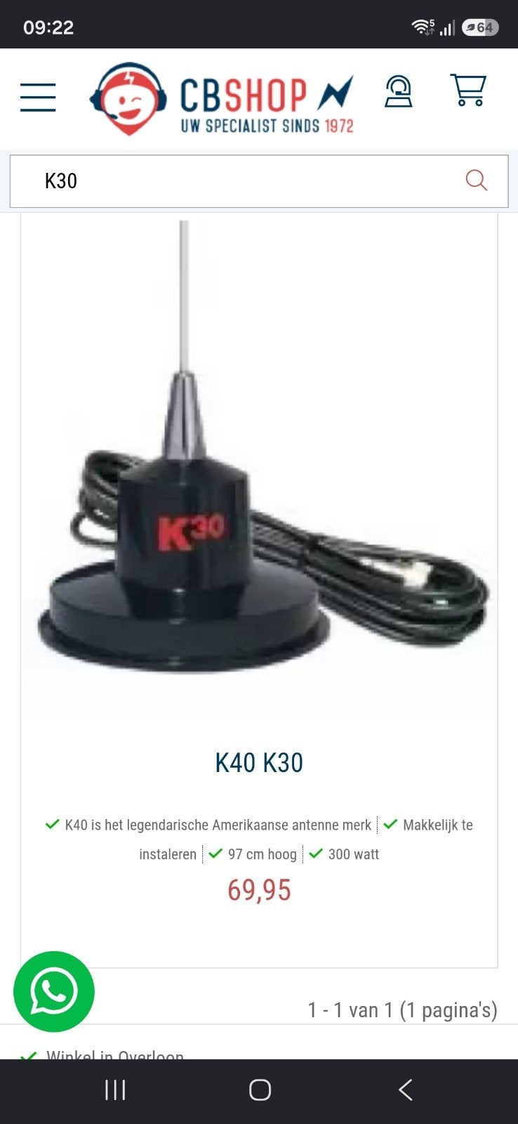 K30 magneet antenne 27 mc  €35, Ophalen of Verzenden, Antenne