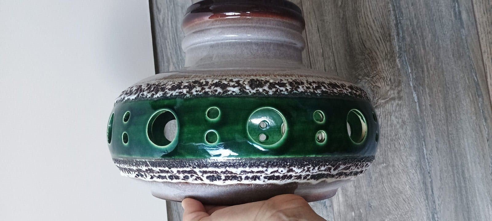 Grote groen/ grijs / bruine Herda fat lava lampenkap (26cm), Gebruikt, 26 cm, Rond, 21 cm