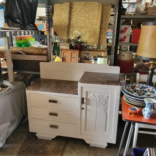 Vinta Art Deco Dressoir met marmeren blad en spiegel, Ophalen, Gebruikt, 25 tot 50 cm