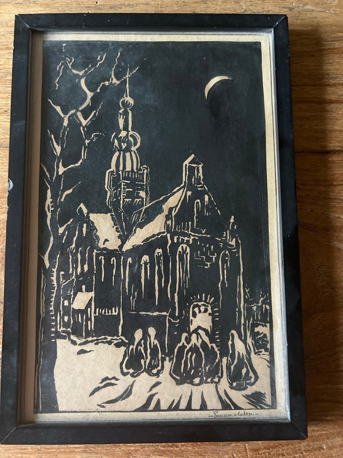 Houtsnede van Janssen v. Galen - Kerk onder de maan, Antiek en Kunst, Architectuur, Ophalen of Verzenden, Houtsnede, Gesigneerd