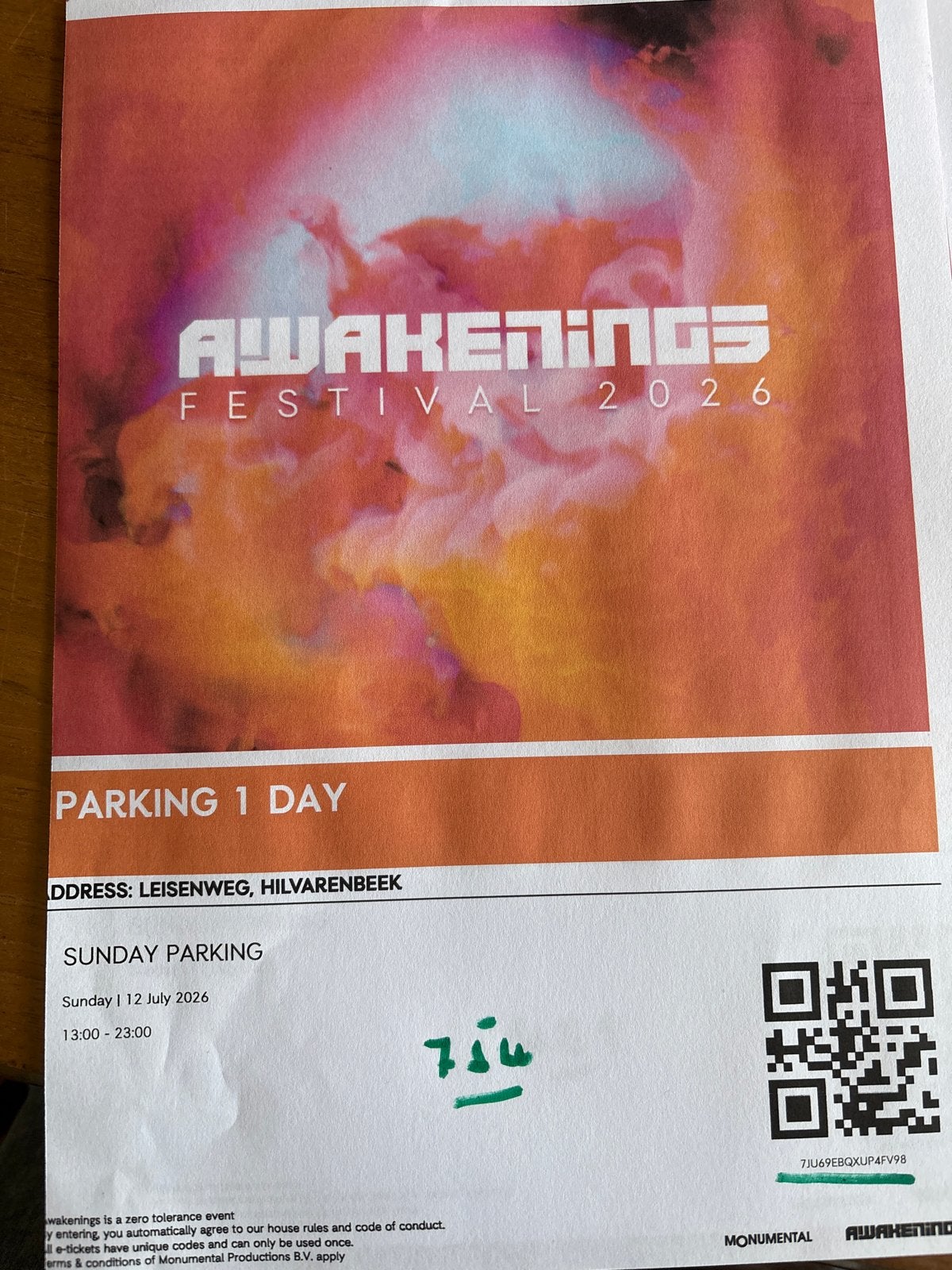 Awakenings parkeerkaart Sunday 12 july, Eén persoon