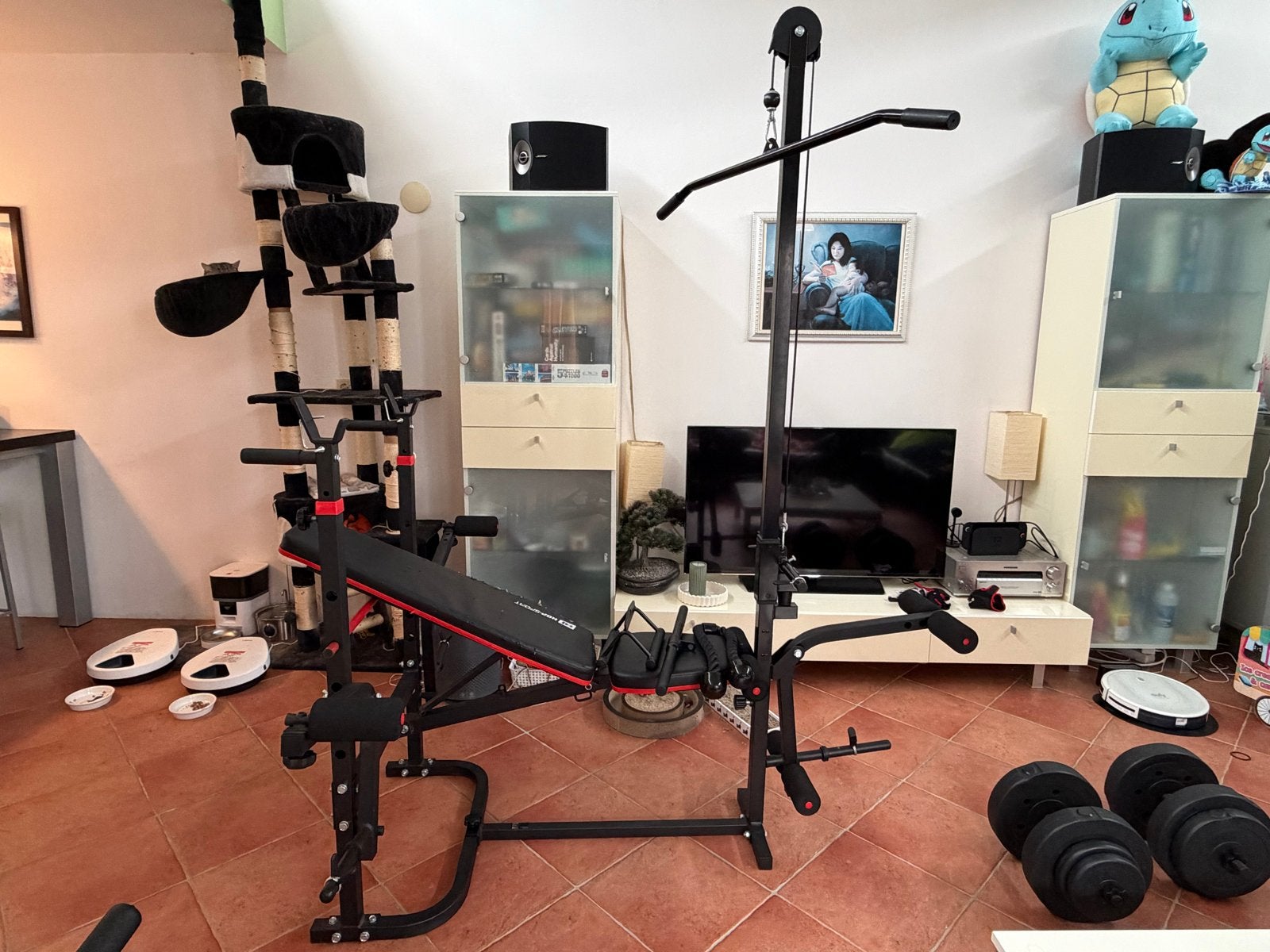 Opklapbare sportbench lat pulldown, hyper- en leg extension, Ophalen, Gebruikt, Krachtstation, Armen