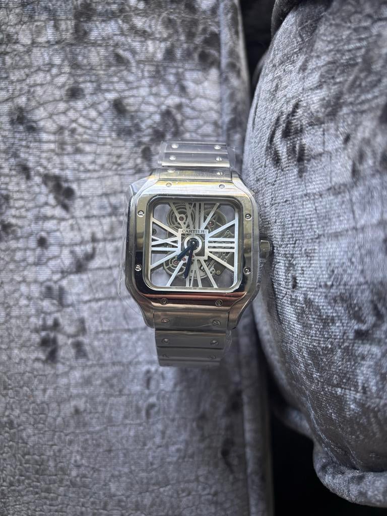 Cartier Santos Skeleton Horloge, Overige merken, Leer, Staal, Polshorloge