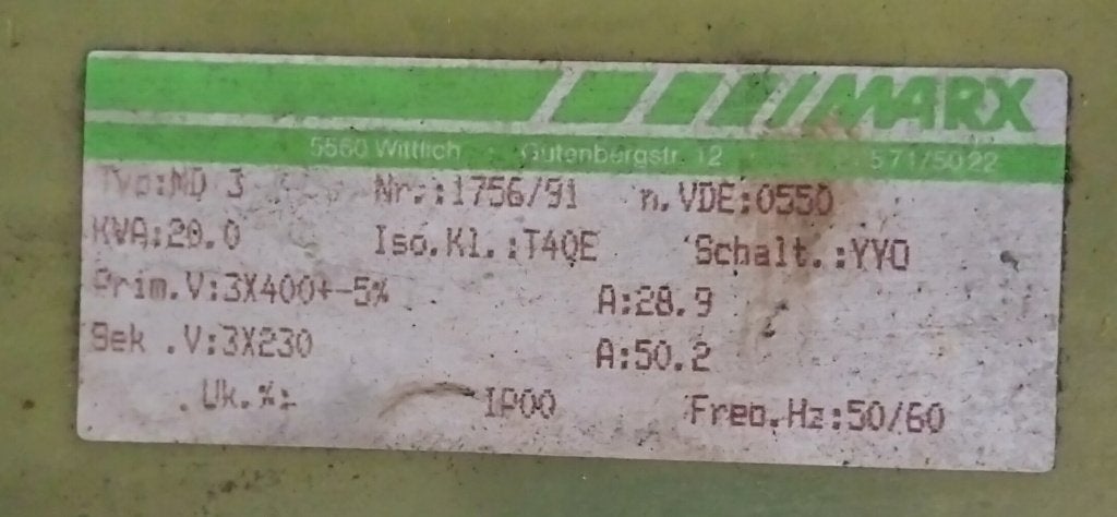Marx 3 fase Transformater 3x 400V -> 3x230V 20kVA, Hobby en Vrije tijd, Ophalen