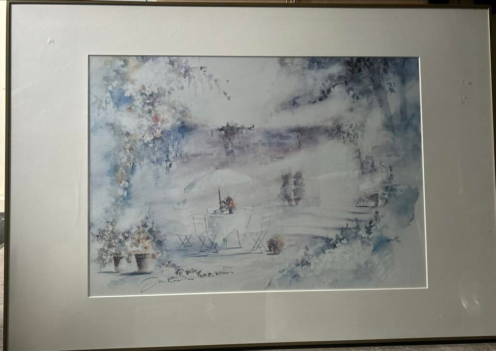 Schilderij aquarqel Jan Kooistra apart 70x100 XL terras, Antiek en Kunst, Kunst | Schilderijen | Klassiek, Ophalen of Verzenden