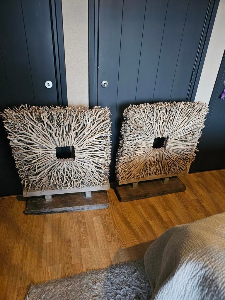 2 rieten/ houten raamdecoratie , landelijk,  sober, stoer., Ophalen, Hout, Bruin, Landelijk