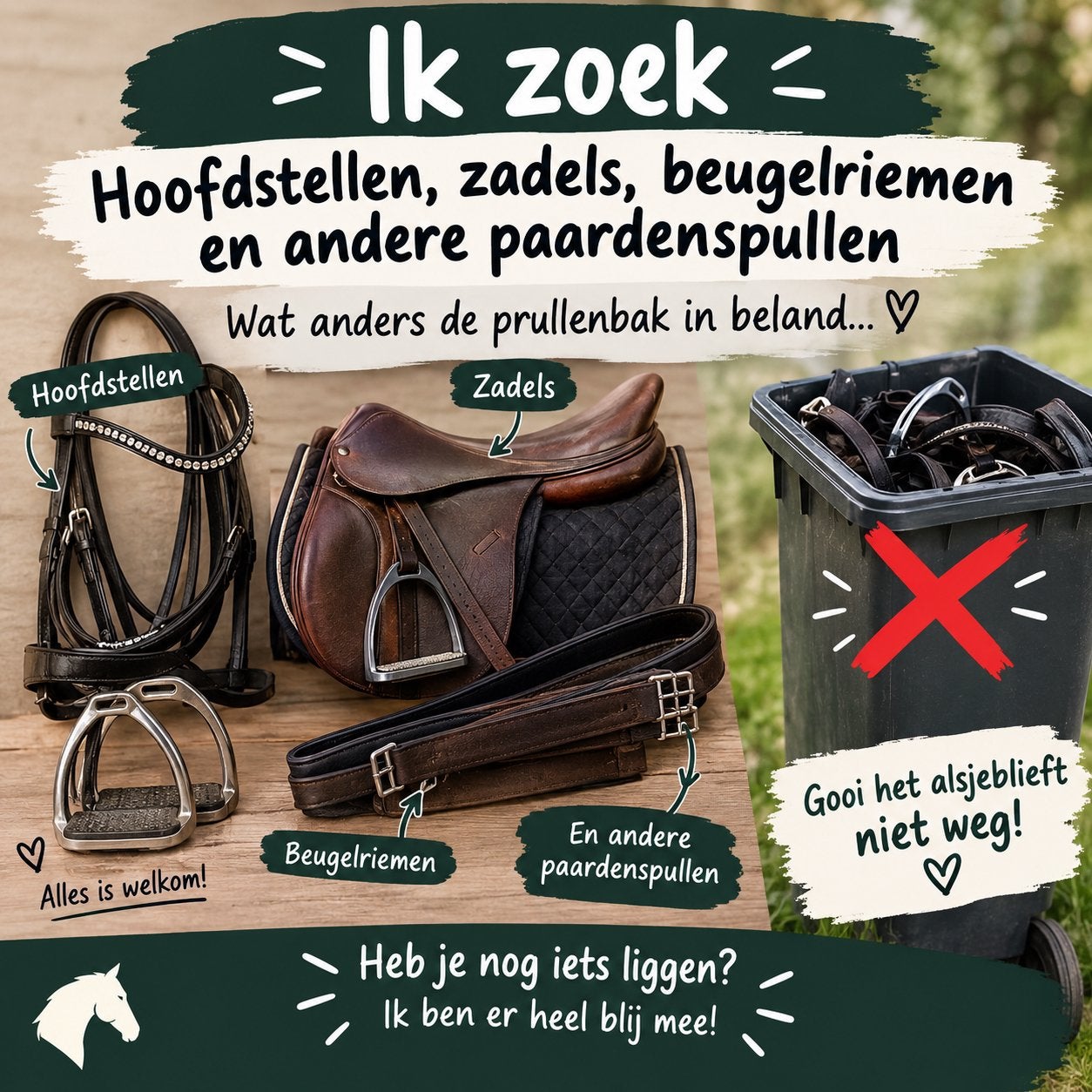 Oude paardenzadels en tuig van leer gezocht!, Dieren en Toebehoren, Ophalen of Verzenden