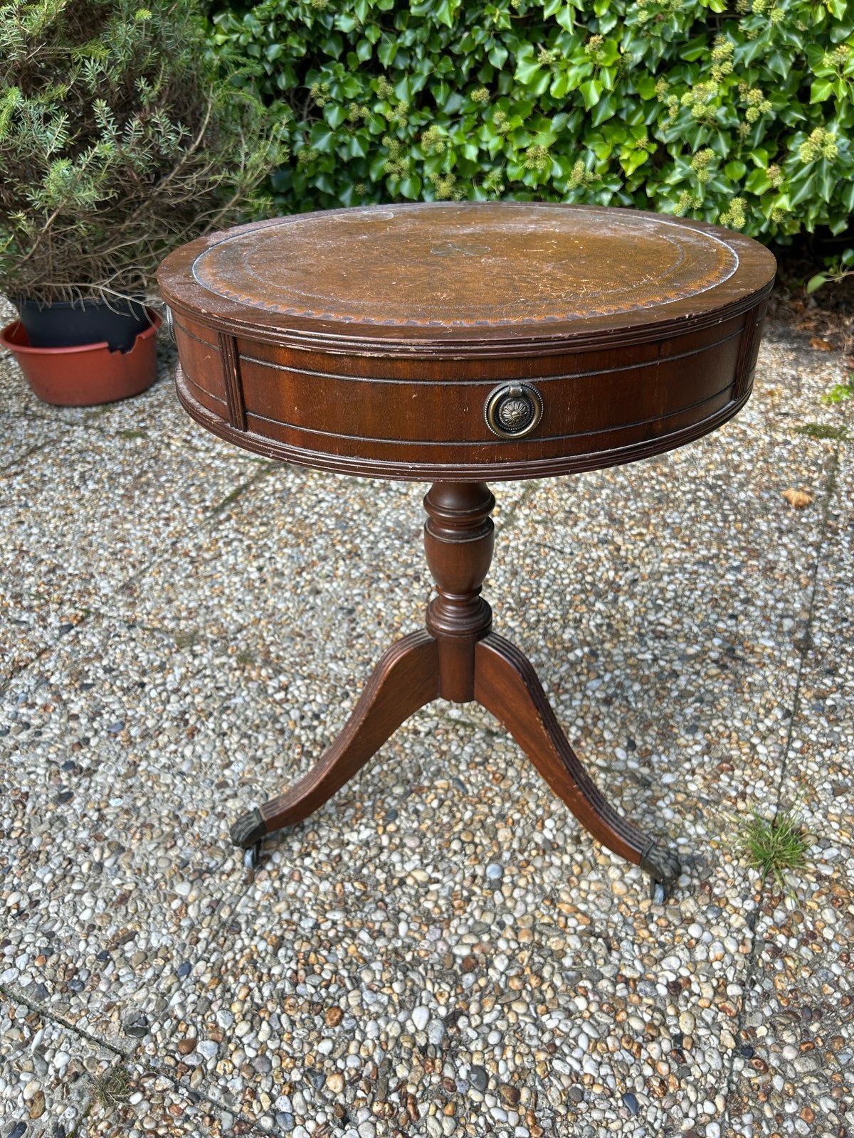 Antieke Mahonie Drumtafel / Schrijftafel met Leren Blad, Antiek en Kunst, Ophalen