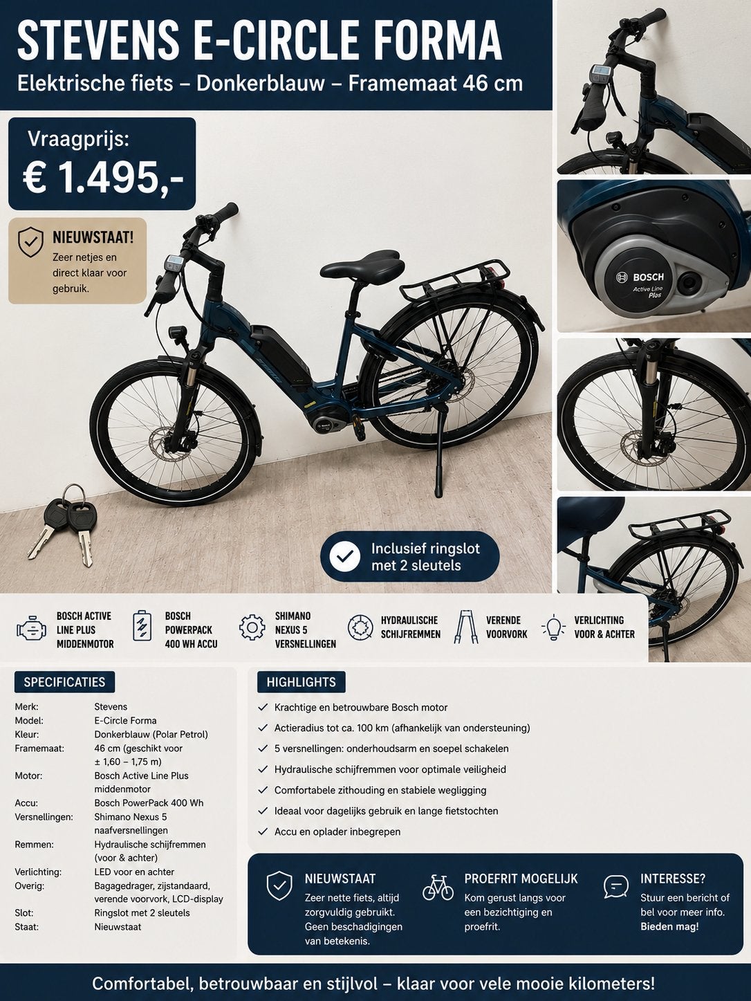 Stevens elektrische fiets E-Circle Forma E-bike blauw, Nieuw, Minder dan 47 cm, 50 km per accu of meer, Ophalen