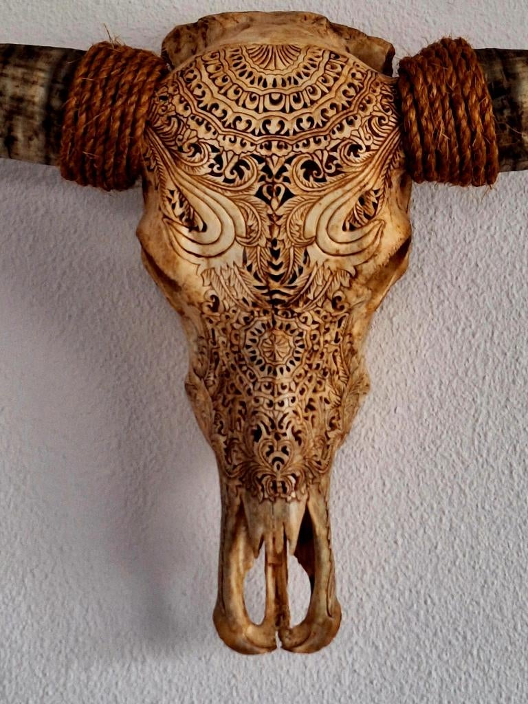 Longhorn skull  gegraveerd 120 cm, Ophalen, Zo goed als nieuw, Wandsculptuur