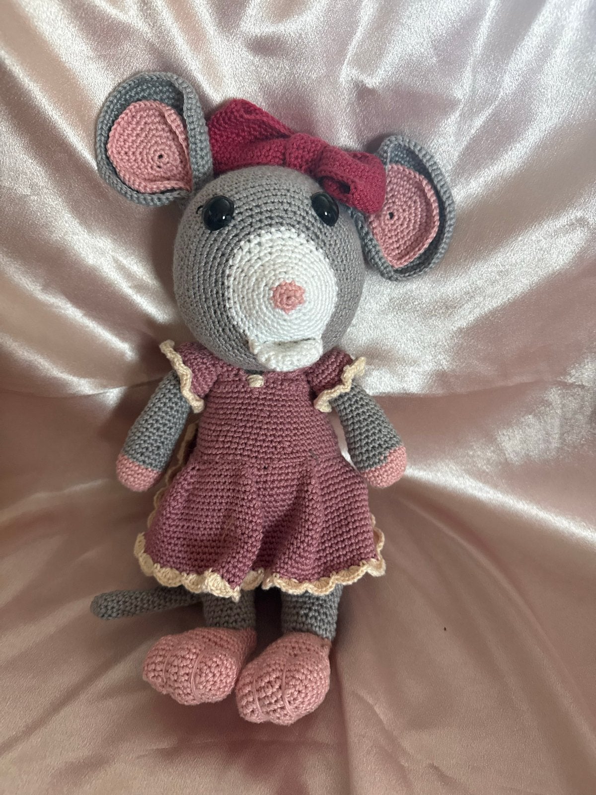 Gehaakte muis knuffel met jurkje en strik, Muis, Overige merken, Grijs, Zo goed als nieuw