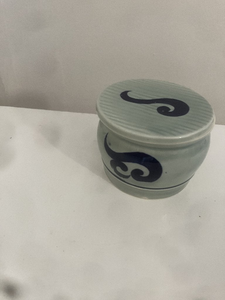 Frans mosterdpotje uit de Elzas met  blauw swirl-ontwerp, Overige typen, Ophalen of Verzenden, Zo goed als nieuw, Overige stijlen