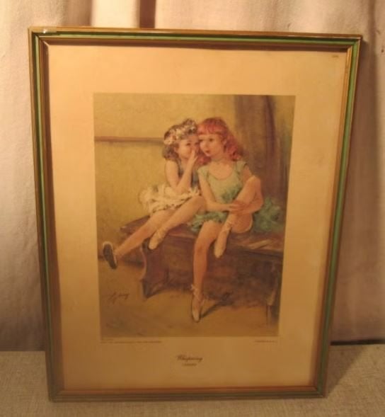 Mooie Antieke Gravure 'The Whispering' - 31x24, Ophalen of Verzenden, Portret, Gravure, Handgekleurd
