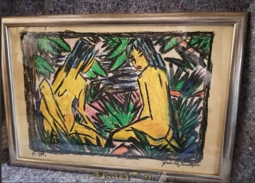naakt  naar Otto Müller handgeschept Büttenpapier, Ophalen, 45 cm, Schilderij, Vintage
