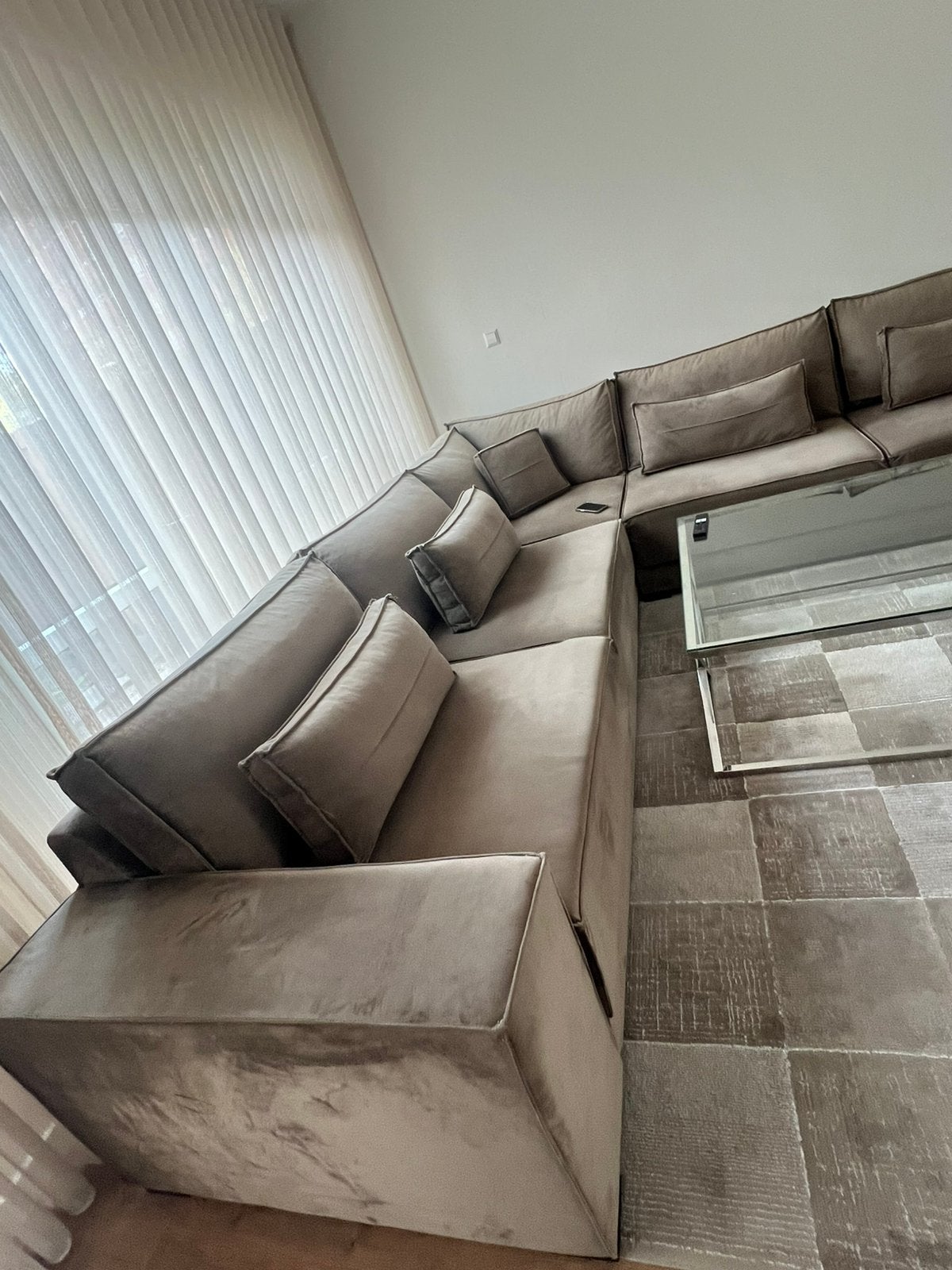 Taupe velvet hoekbank, Ophalen, Zo goed als nieuw, Stof