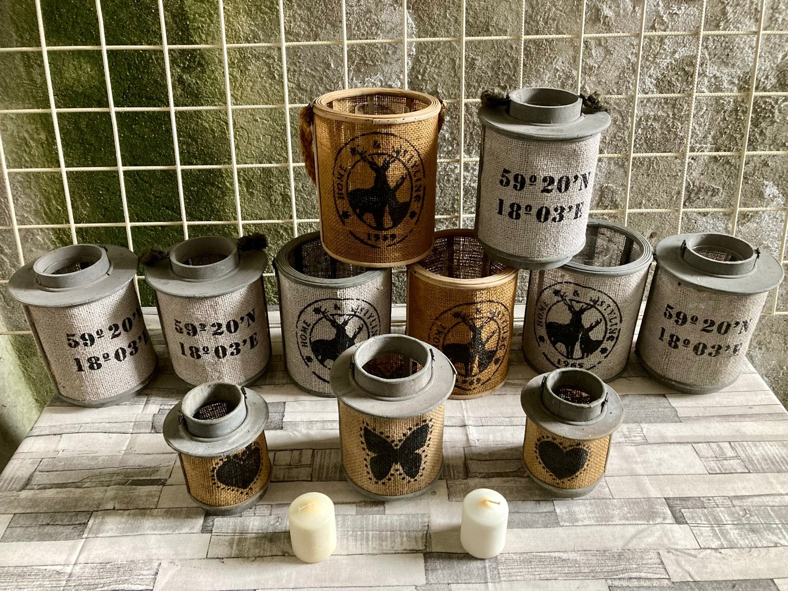 Set van 11 windlichten, diverse maten en designs, Ophalen, Gebruikt, Meerkleurig, Landelijk