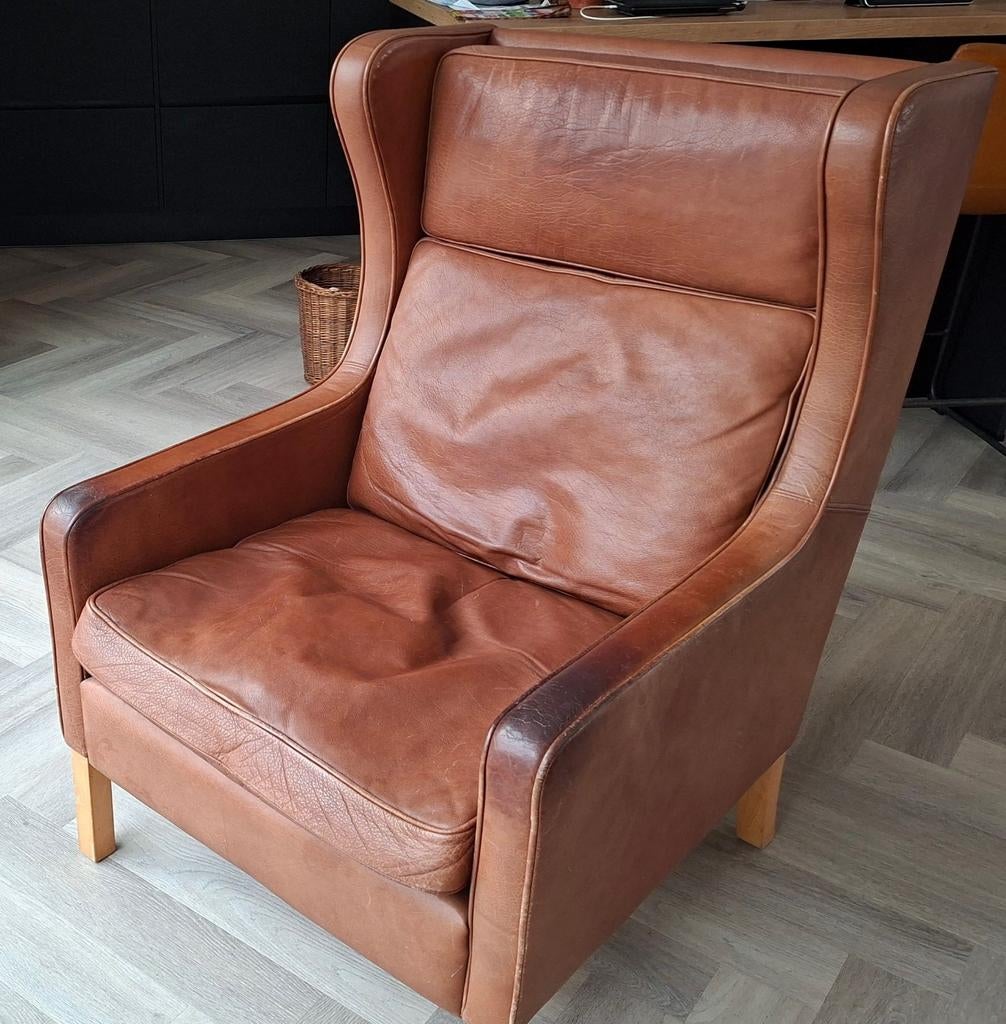 Deens fauteuil leer vintage stouby, Ophalen, Gebruikt, Deens, 50 tot 75 cm