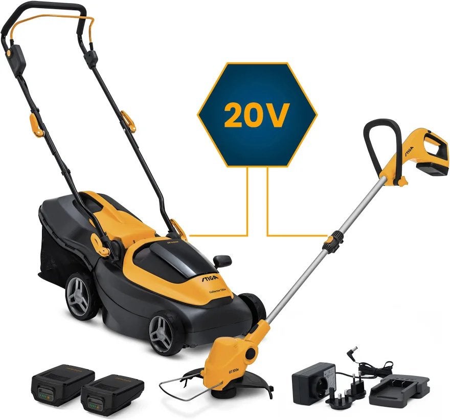 Stiga 136E Kit Accu grasmaaier + Trimmer GT 100e incl 2 accu, Cirkelmaaier, Accu-grasmaaier, Nieuw, Ophalen of Verzenden