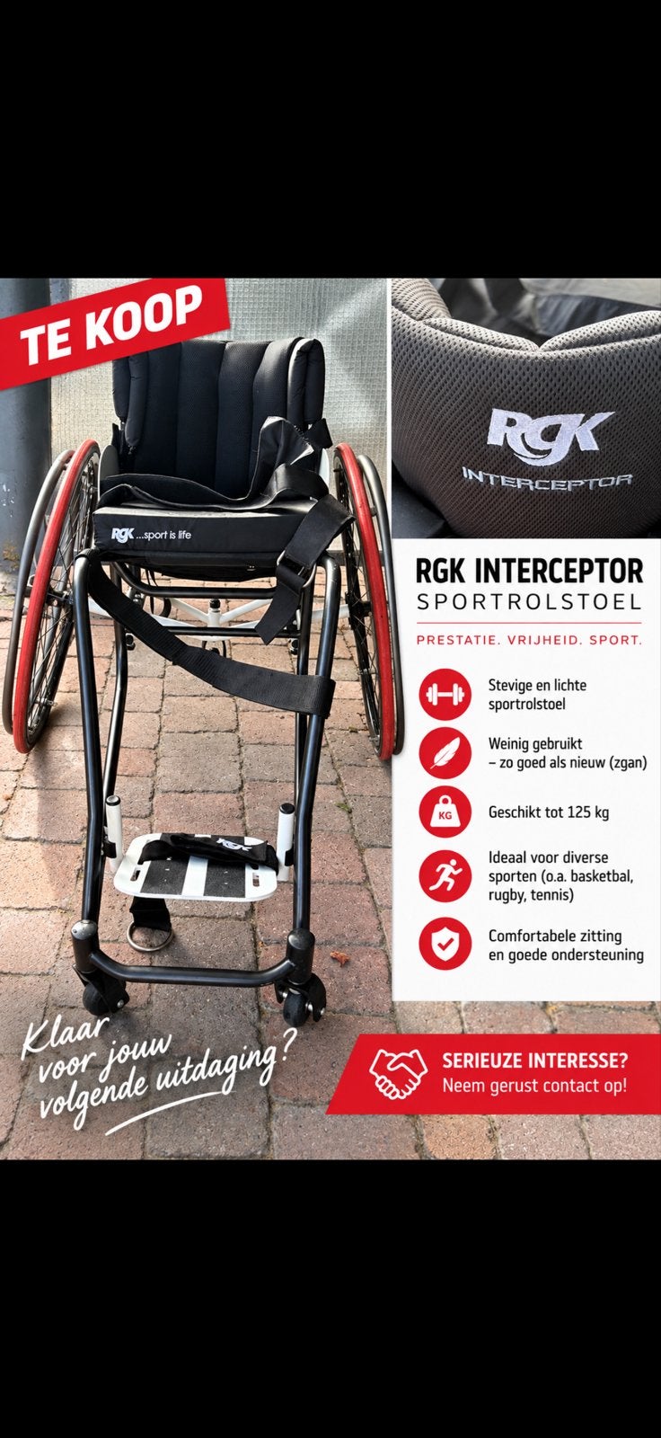 RGK interceptor sportrolstoel - ZGAN tot 125 kg, Ophalen, Zo goed als nieuw, Handbewogen rolstoel