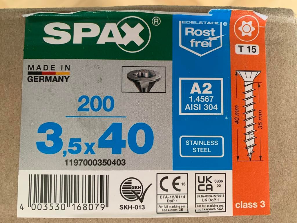 Spax RVS schroeven 3,5x40 T15 - 8 doosjes (1600 st), Ophalen, Schroeven, Nieuw, Minder dan 50 mm