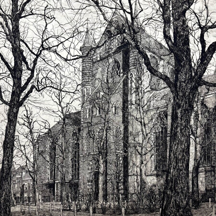 G.C. Haverkamp (1872-1926) Sint Pieterskerk Leiden, Ophalen of Verzenden, Architectuur, Ets, Met passe-partout