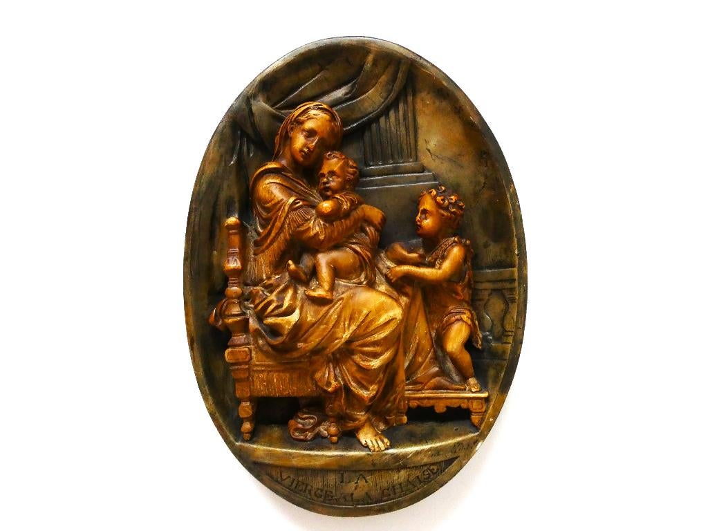 Reliëf plaquette Madonna met de stoel nar Rafaëllo Rafaël, Antiek en Kunst, Antiek | Religie, Ophalen of Verzenden