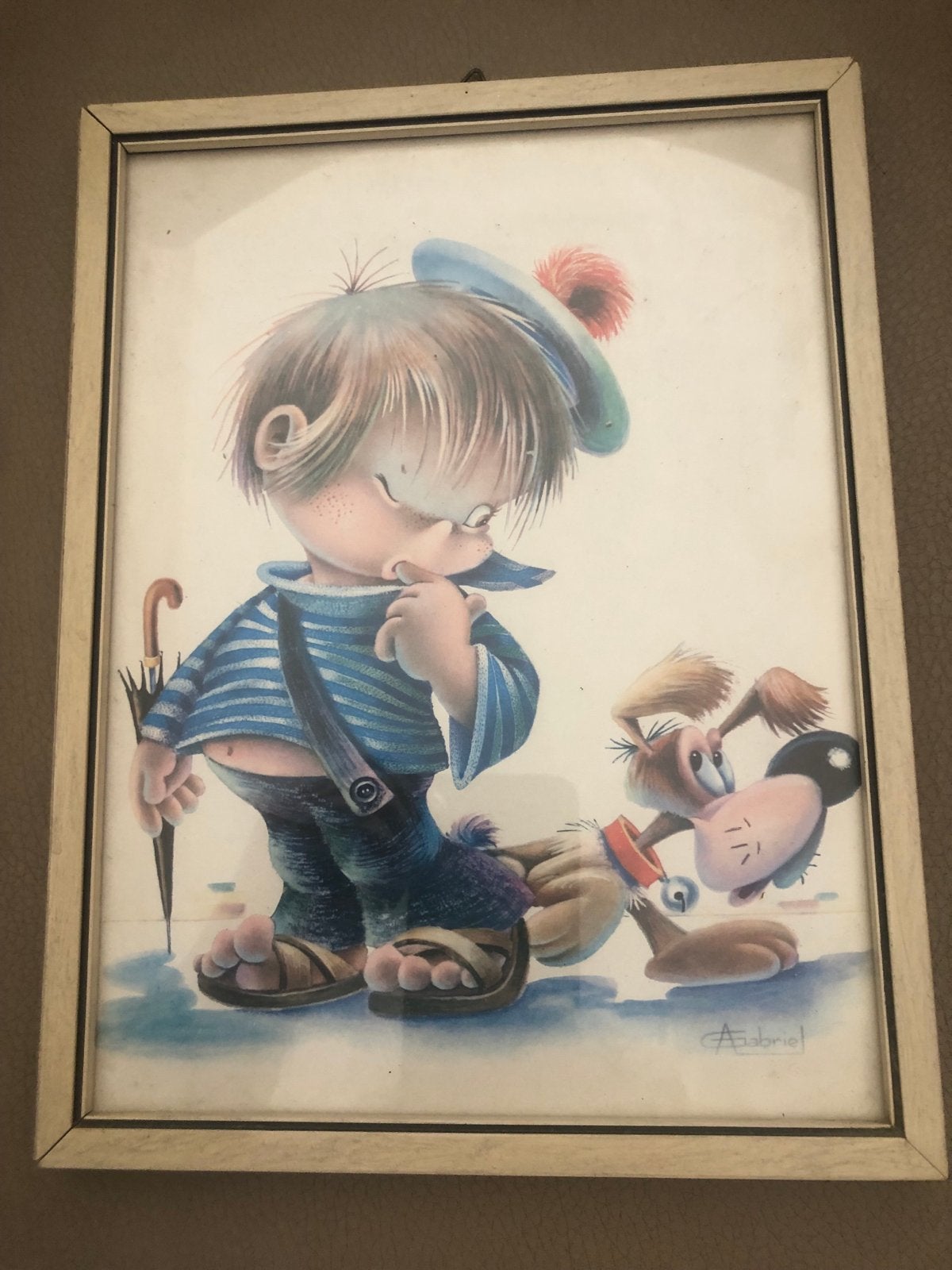 Vintage Schilderij: Jongen met Hond - Gesigneerd, Achter glas, Portret of Personen, Ophalen of Verzenden, Tekening