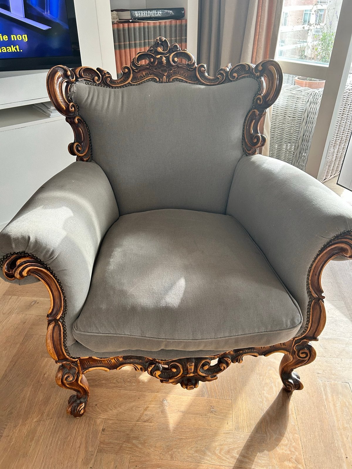 Antieke Barok Fauteuil - taupe kleurige met noten hou Frame, Ophalen