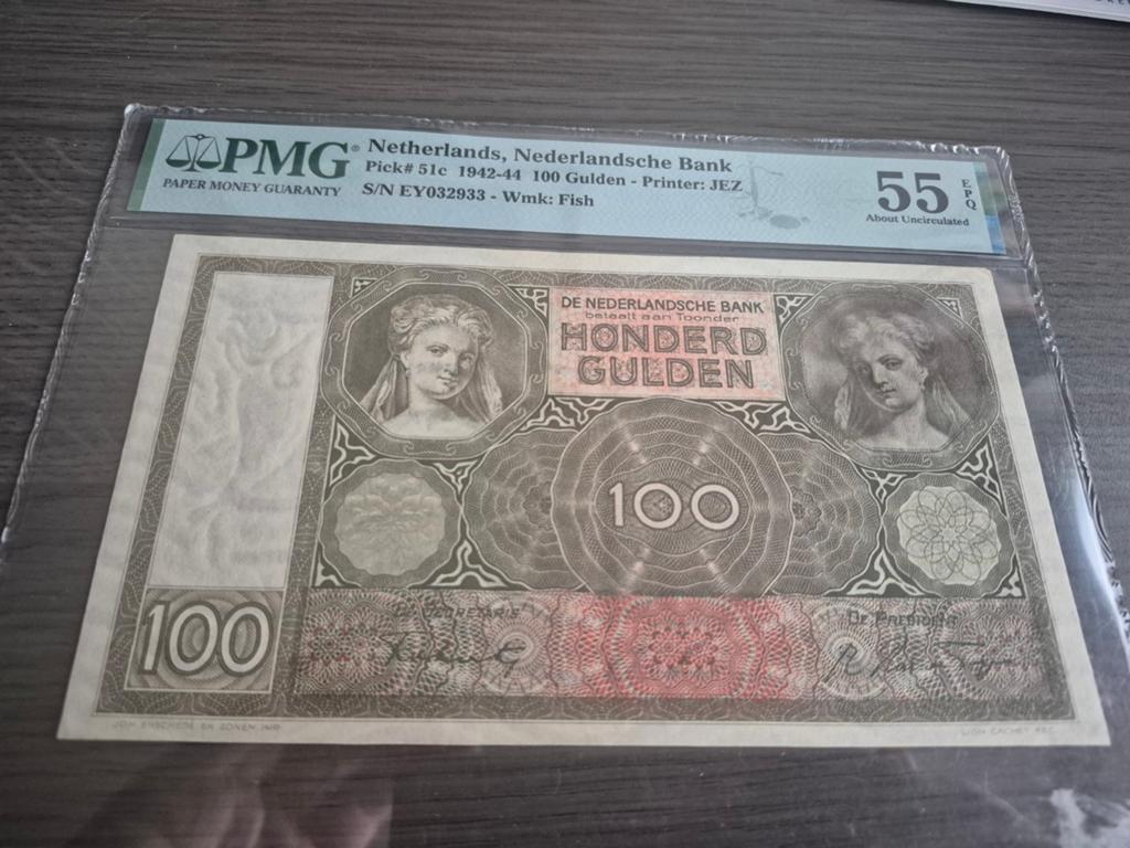 100 Gulden biljet 1942-44, PMG 55 About Uncirculated EPQ, Postzegels en Munten, Bankbiljetten | Nederland, 100 gulden, Ophalen of Verzenden