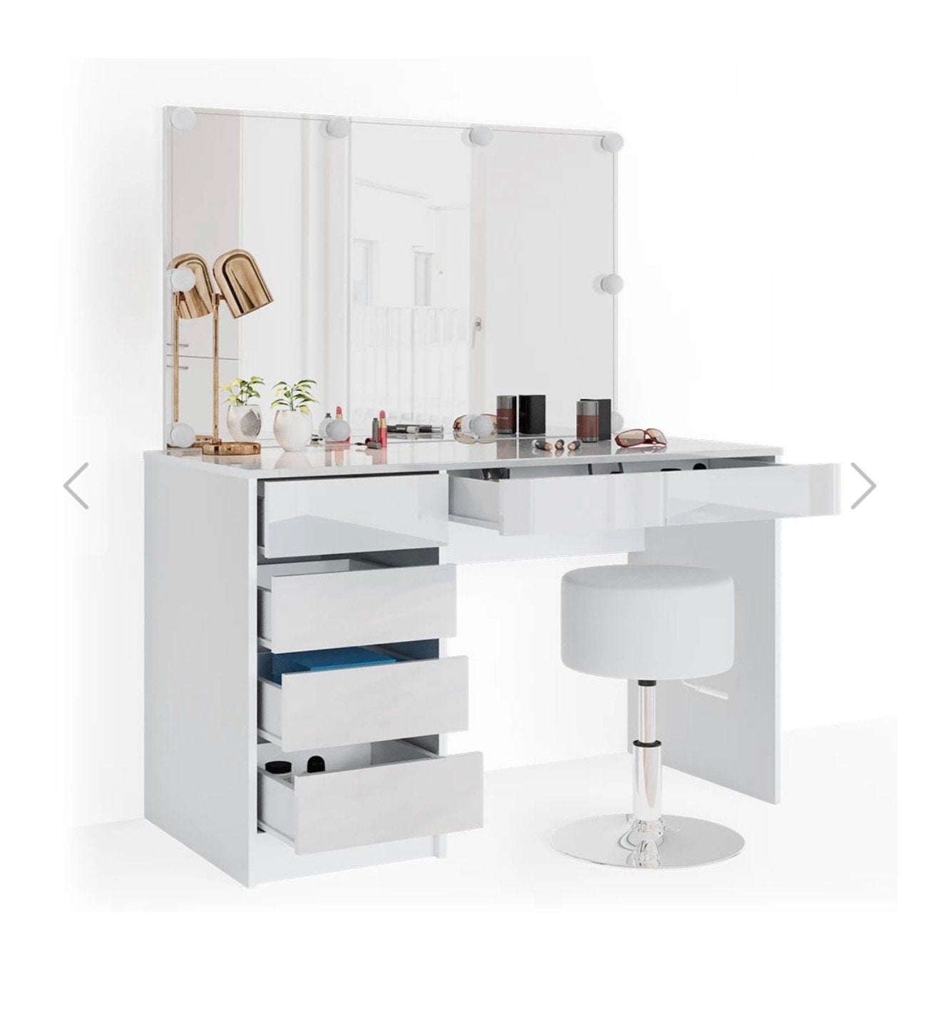 KAPTAFEL Sherry Wit 120 cm met spiegel en LED-lichtslinger, Ophalen, Nieuw, Hout, 100 tot 150 cm
