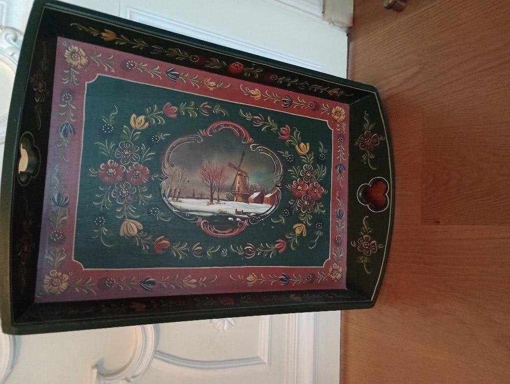 Vintage handgeschilderd dienblad, Ophalen, Gebruikt, Dienblad, Rechthoekig