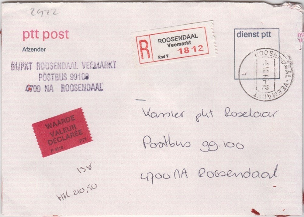 Nederland Waardebrief met R-strook Roosendaal Veemarkt 1966, Ophalen of Verzenden, Brief
