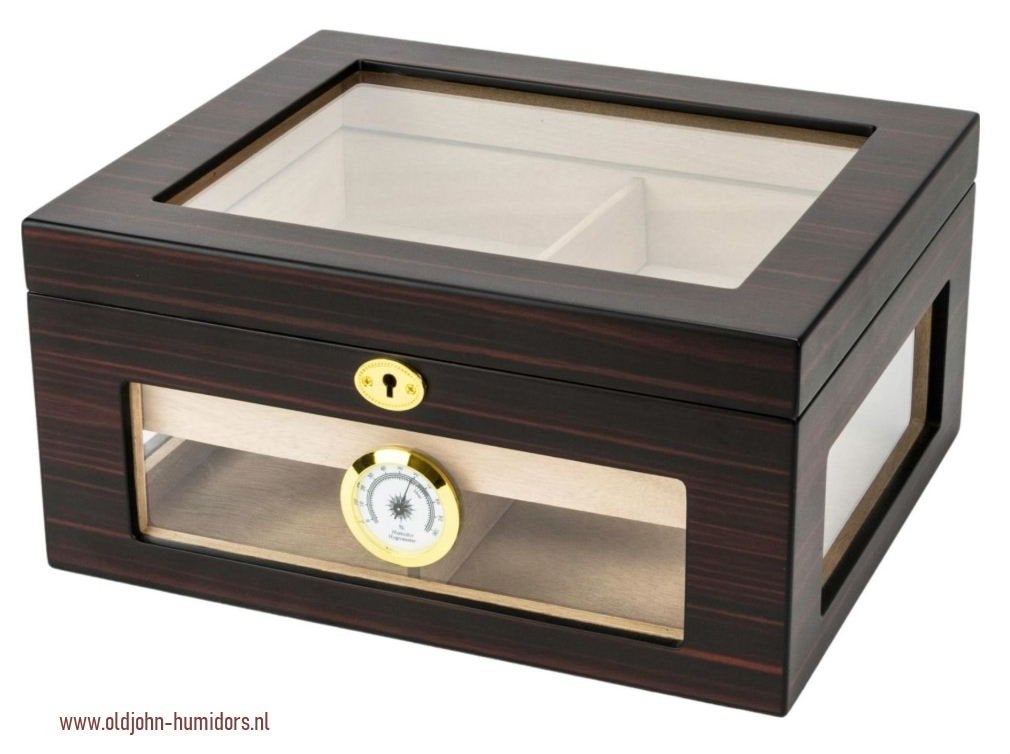HUMIDOR EBONY - GLASS TOP - RONDOM DOORZICHT -SLOT –TRAY H09, Verzenden, Nieuw, Tabaksdoos of Verpakking