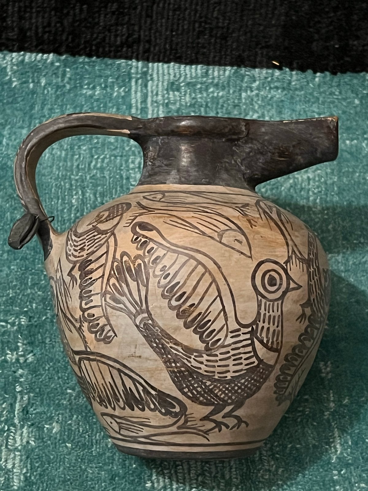 Antieke Griekse kan met vogel- en visdecoratie, Antiek en Kunst, Antiek | Keramiek en Aardewerk, Ophalen of Verzenden