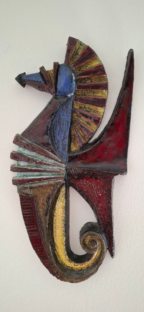 Vintage keramieken wandsculptuur - zeepaardje - Perignem, Ophalen of Verzenden