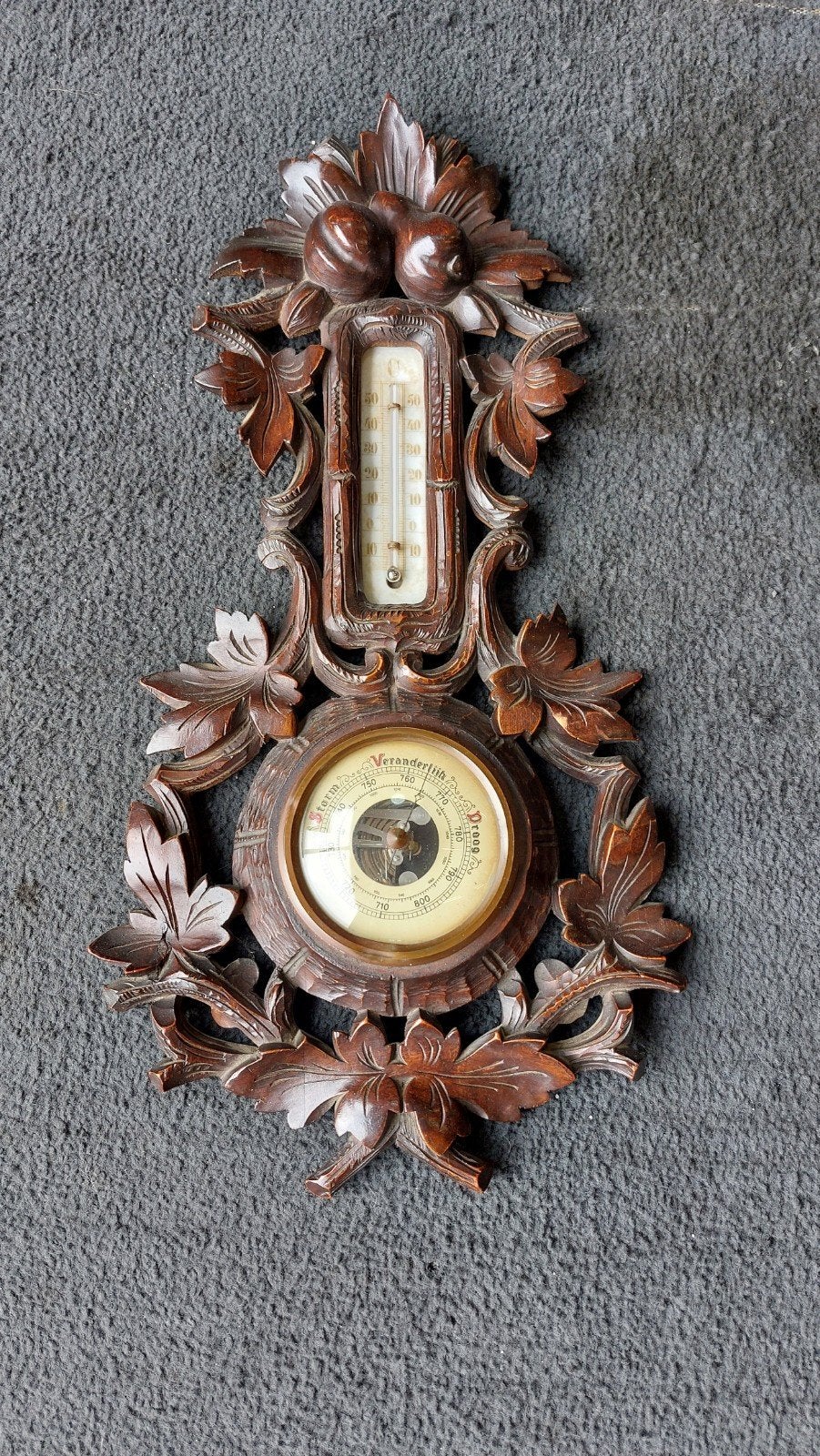 Antieke Barometer met Thermometer - Mooi Uitgesneden Hout, Ophalen of Verzenden