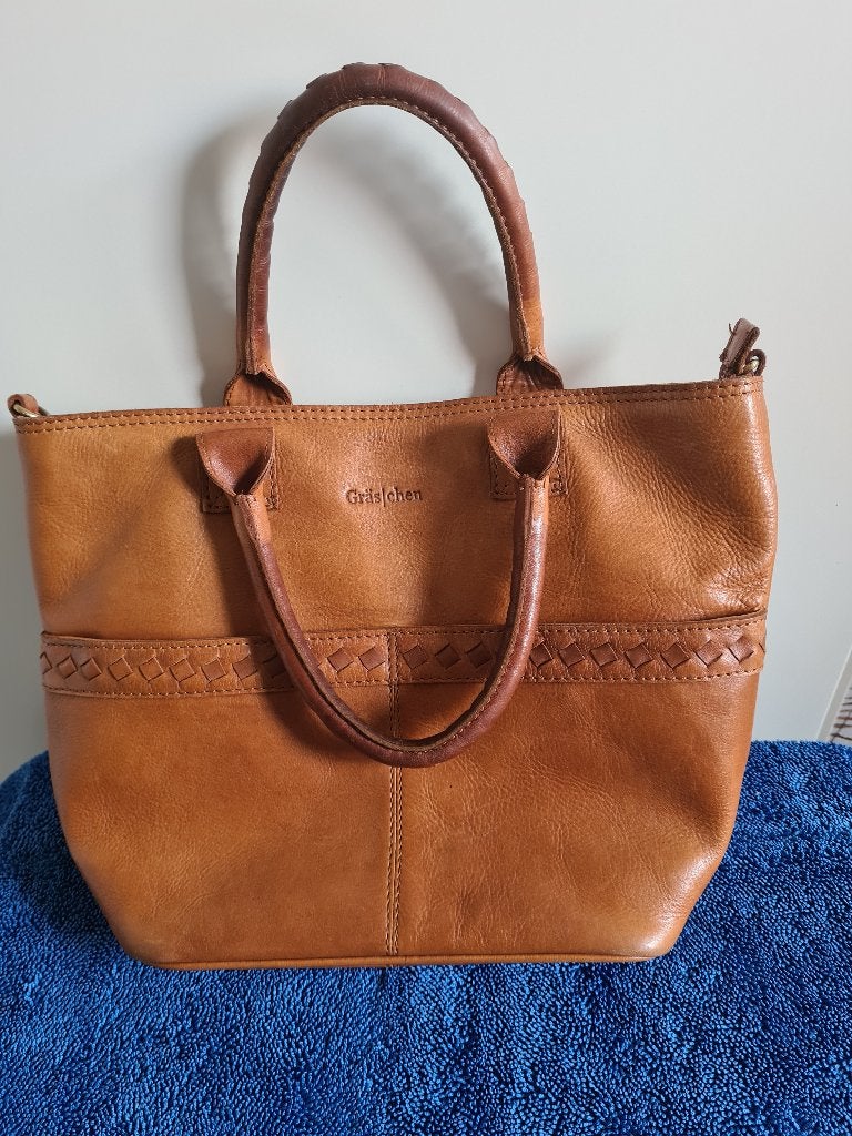 Prachtige Vintage GrasIchen Leren Handtas Shopper-cognac, Ophalen of Verzenden, Gebruikt, Bruin, Handtas