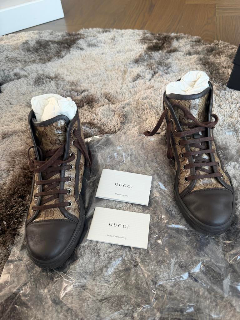Originele Gucci GG Supreme High-Top Sneakers - Maat 38, Verzenden, Gedragen, Bruin, Sneakers of Gympen