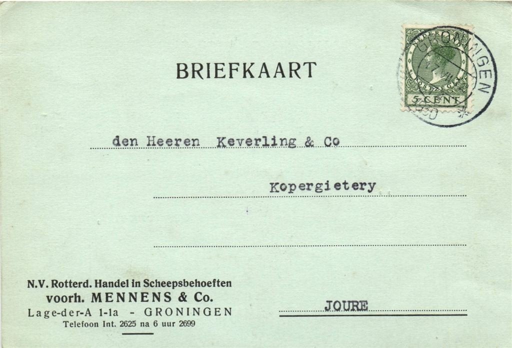 voorh. Mennes + Co., Groningen - 07.1930 - briefkaart, Ophalen of Verzenden, Briefkaart