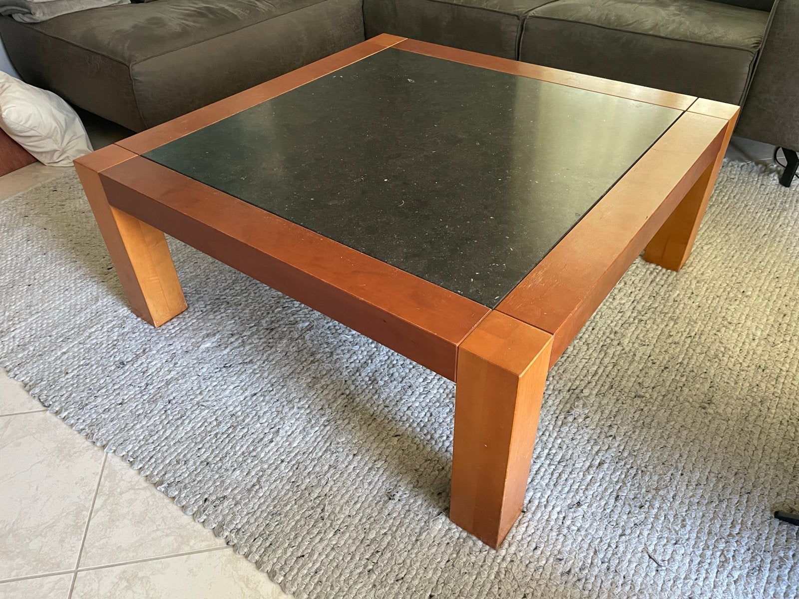 Salontafel 110x110x44,5 cm Massief Kersen met Natuursteen Bl, Ophalen, Gebruikt, Vierkant, Kersenhout