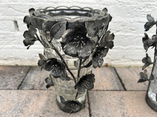 handmade geëmailleerde ijzeren vazen met glas, Handgemaakt, 27 cm, Ophalen of Verzenden, Zo goed als nieuw