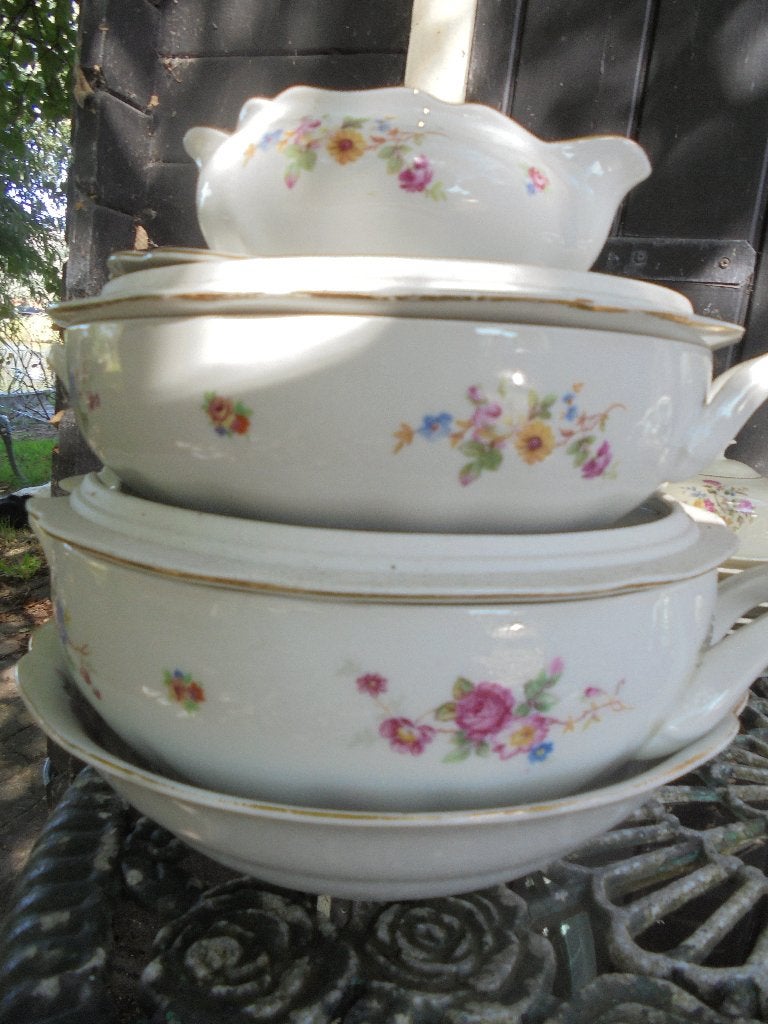 Schalen + Sauskom Tjechisch met bloemboeketjes roze roosjes, Ophalen of Verzenden
