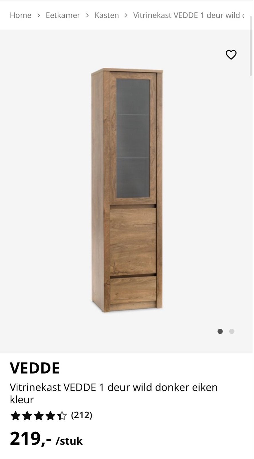 Nieuwe Vitrinekast VEDDE 1 deur wild donker eiken kleur, Minder dan 50 cm, 200 cm of meer, Nieuw, Ophalen of Verzenden