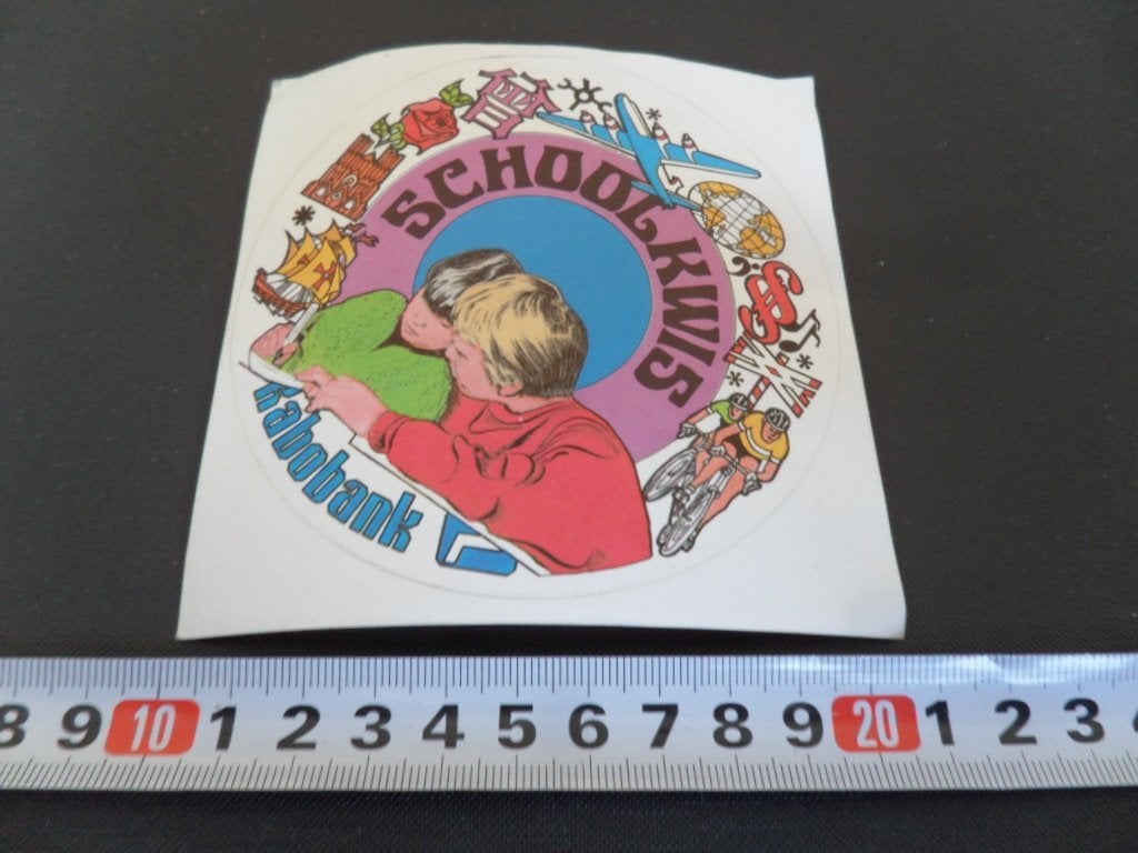 sticker rabobank schoolkwis strip fiets vliegtuig roos schip, Ophalen, Zo goed als nieuw